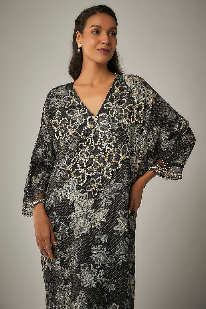 Black Crushed Silk Printed & Sequin Embroidered Kurta Set by One not two at Pernia's Pop Up Shop