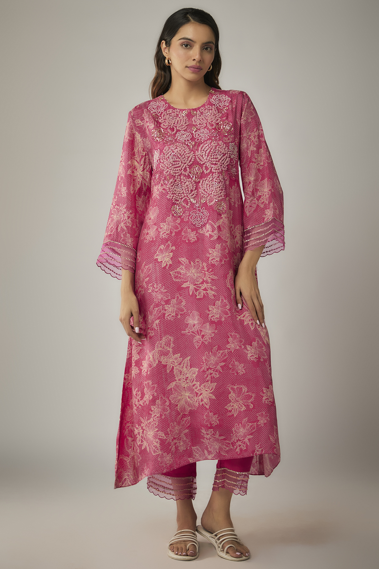 Pink Viscose Silk Printed & Sequin Embroidered Kurta Set by One not two at Pernia's Pop Up Shop