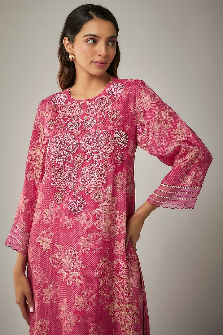 Pink Viscose Silk Printed & Sequin Embroidered Kurta Set by One not two at Pernia's Pop Up Shop