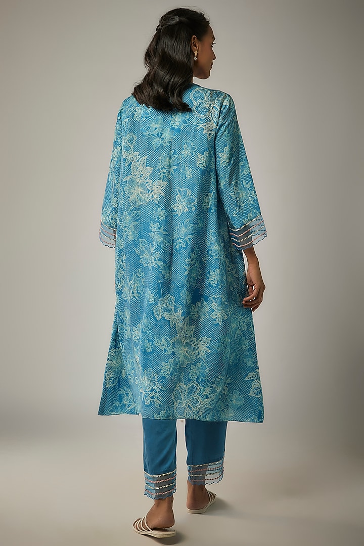 Blue Viscose Silk Printed & Sequin Embroidered Kurta Set by One not two at Pernia's Pop Up Shop