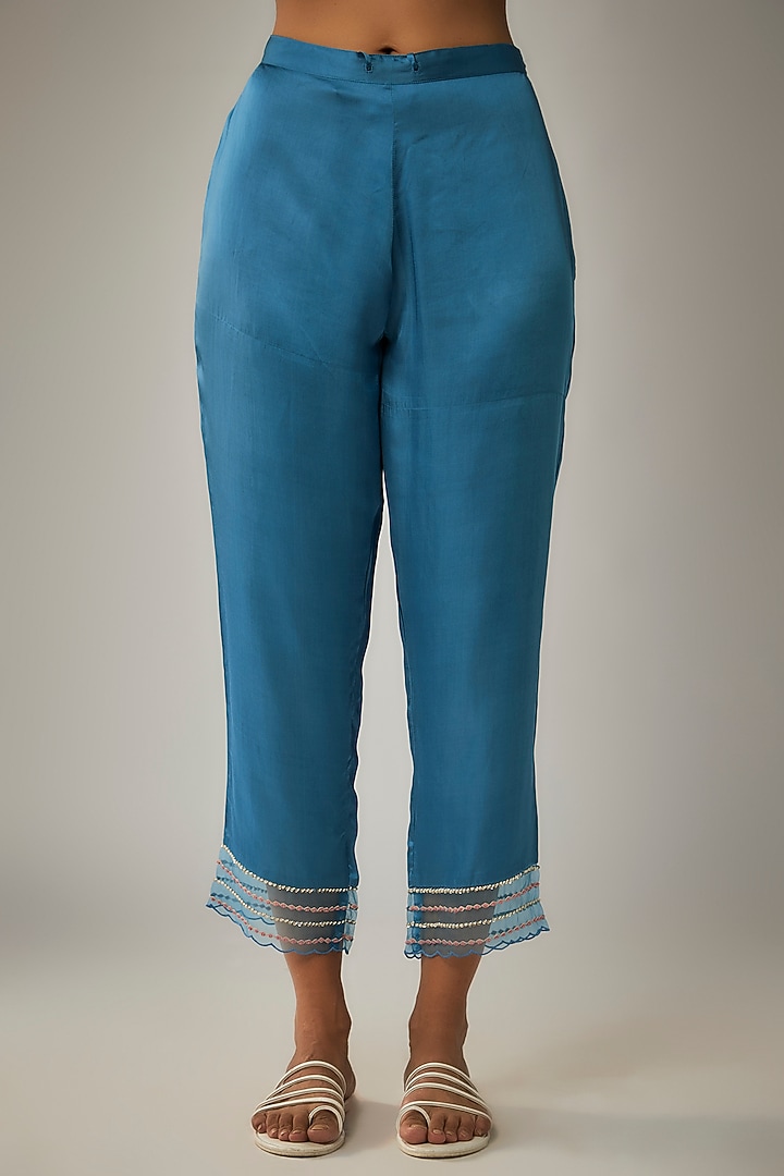 Blue Viscose Silk Printed & Sequin Embroidered Kurta Set by One not two at Pernia's Pop Up Shop