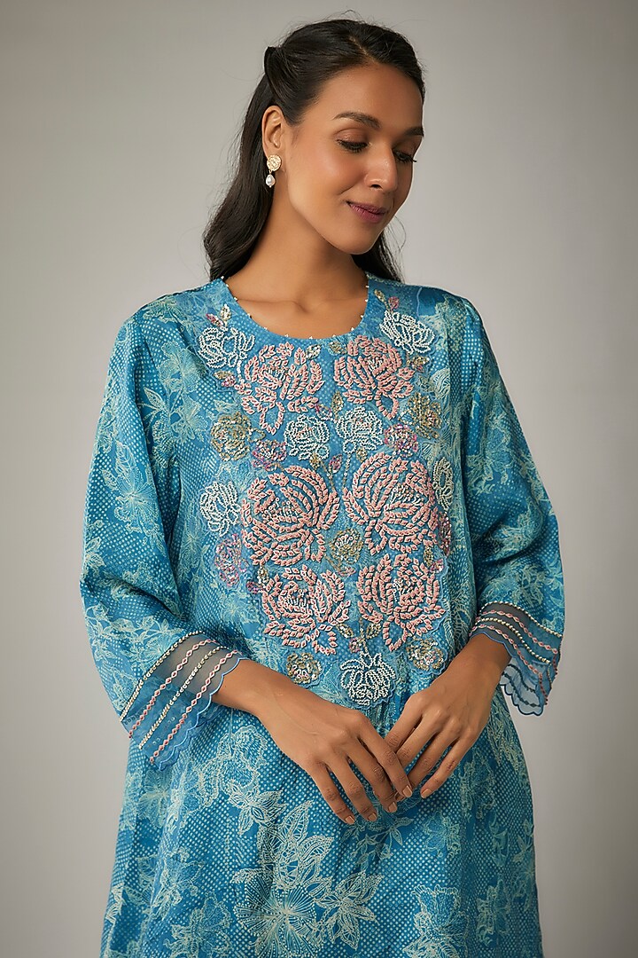 Blue Viscose Silk Printed & Sequin Embroidered Kurta Set by One not two at Pernia's Pop Up Shop