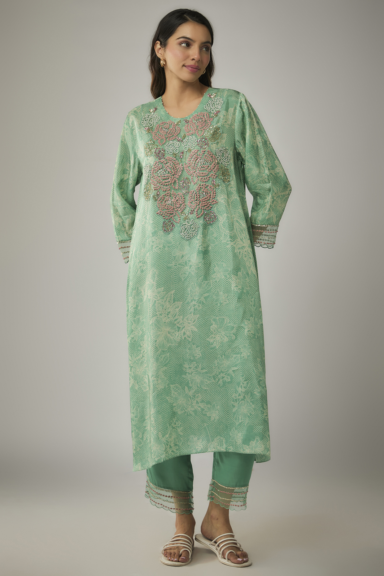 Green Viscose Silk Printed & Sequin Embroidered Kurta Set by One not two at Pernia's Pop Up Shop