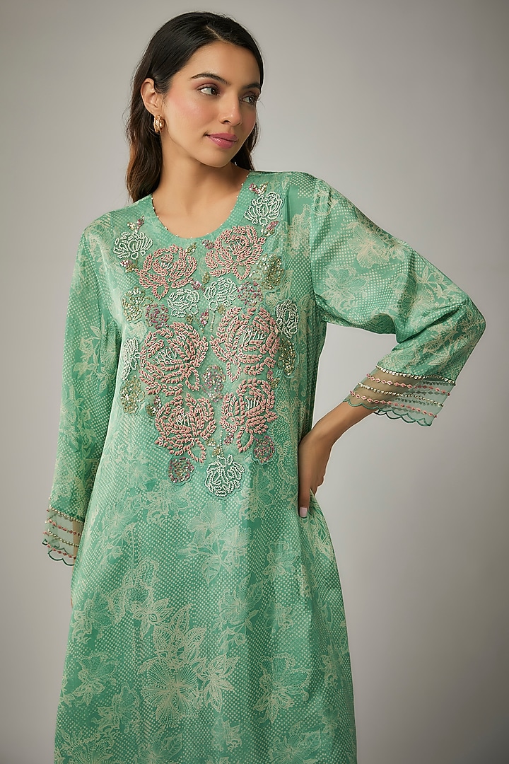 Green Viscose Silk Printed & Sequin Embroidered Kurta Set by One not two at Pernia's Pop Up Shop