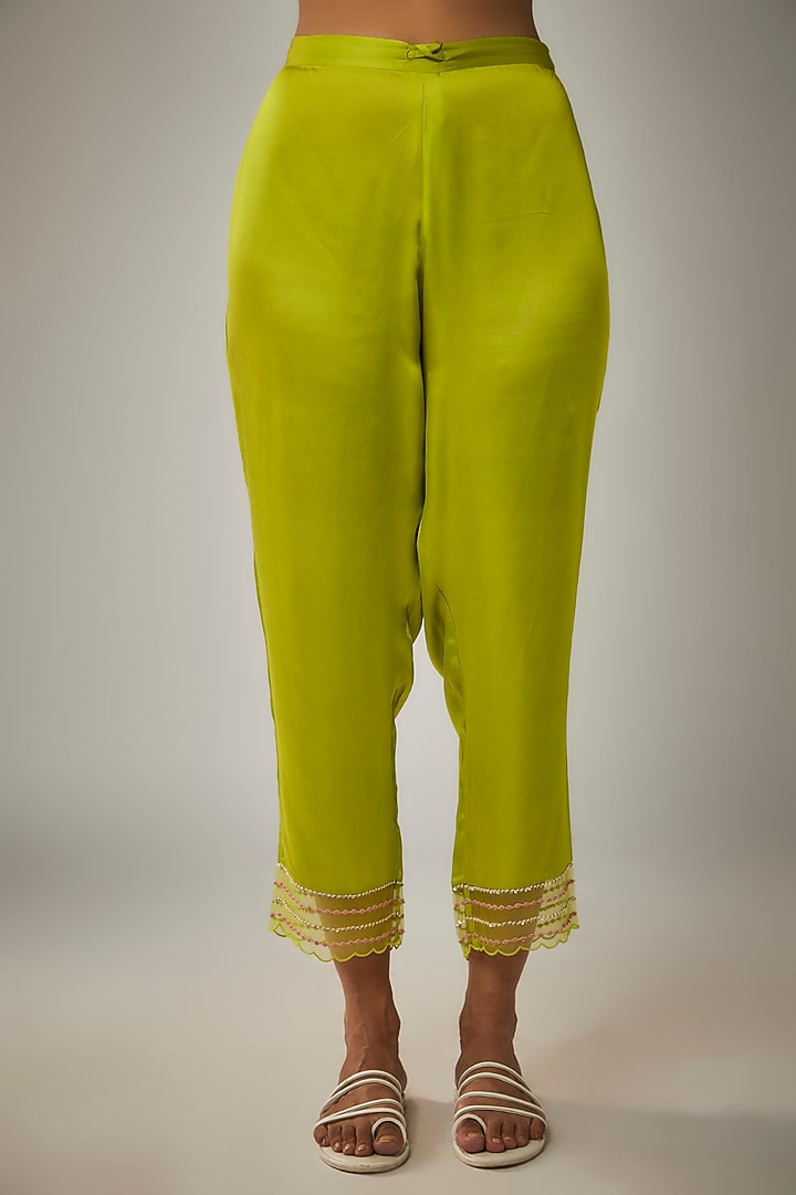 Lime Viscose Silk Printed & Sequin Embroidered Kurta Set by One not two at Pernia's Pop Up Shop