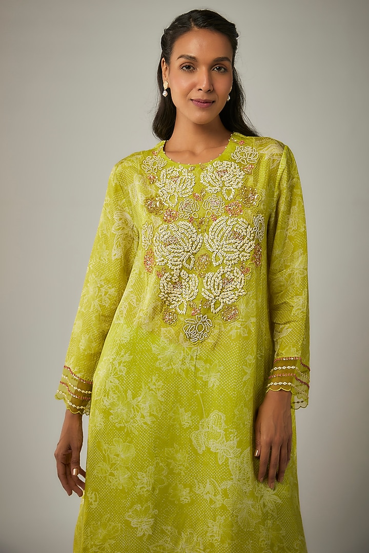 Lime Viscose Silk Printed & Sequin Embroidered Kurta Set by One not two at Pernia's Pop Up Shop