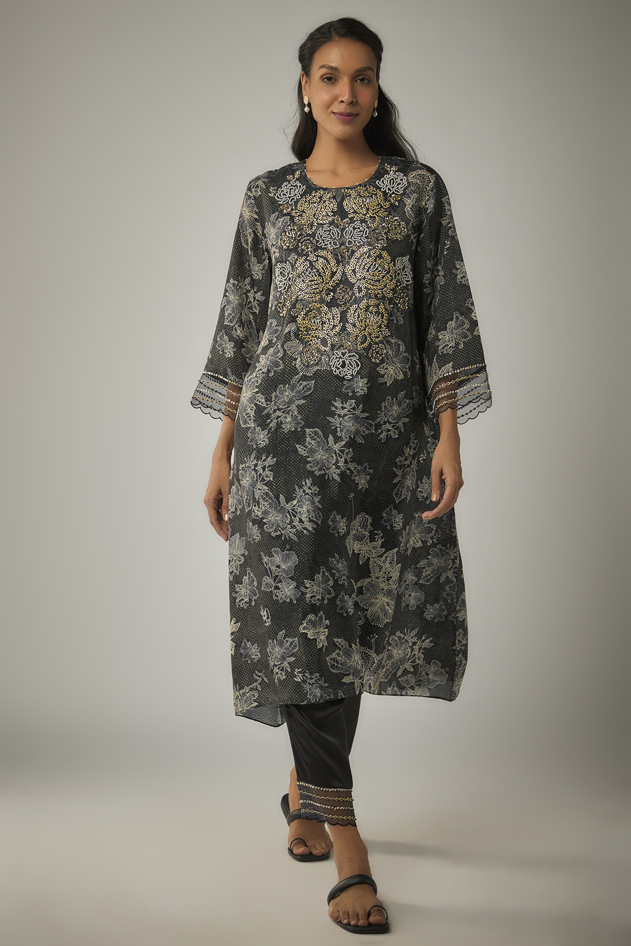 Black Viscose Silk Printed & Sequin Embroidered Kurta Set by One not two at Pernia's Pop Up Shop