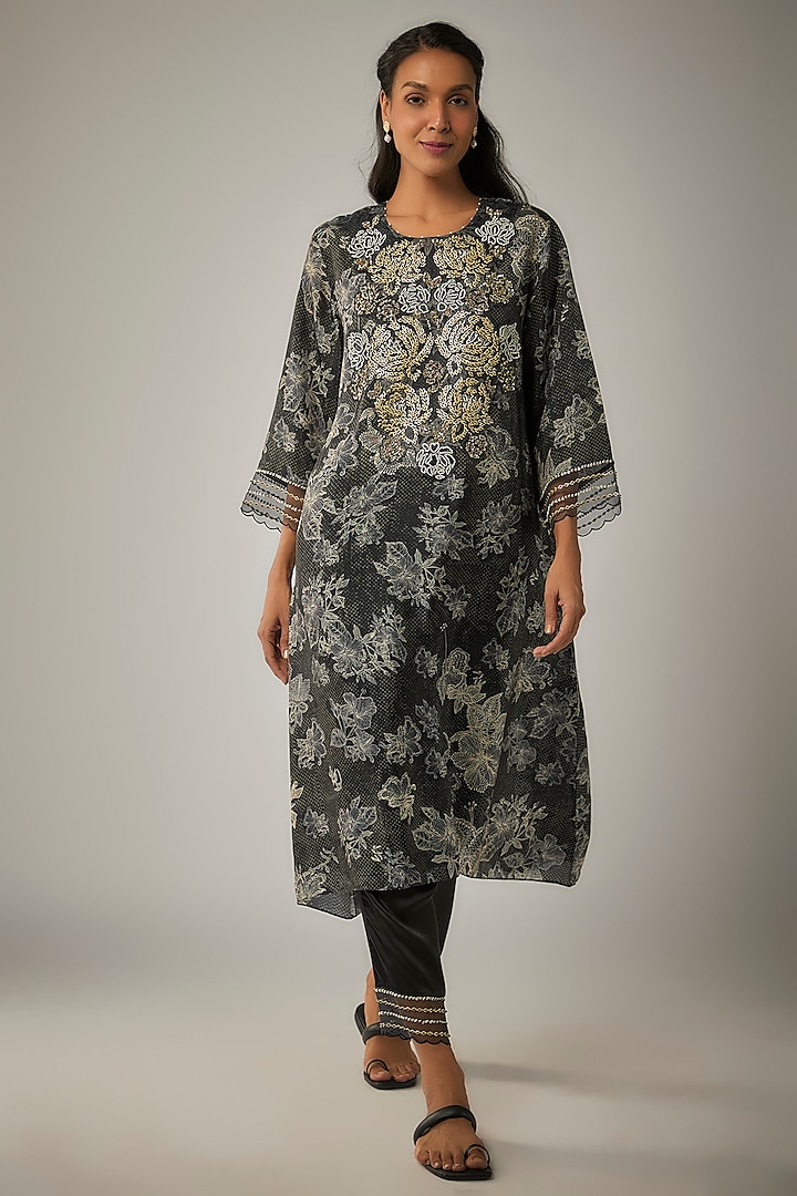 Black Viscose Silk Printed & Sequin Embroidered Kurta Set by One not two at Pernia's Pop Up Shop