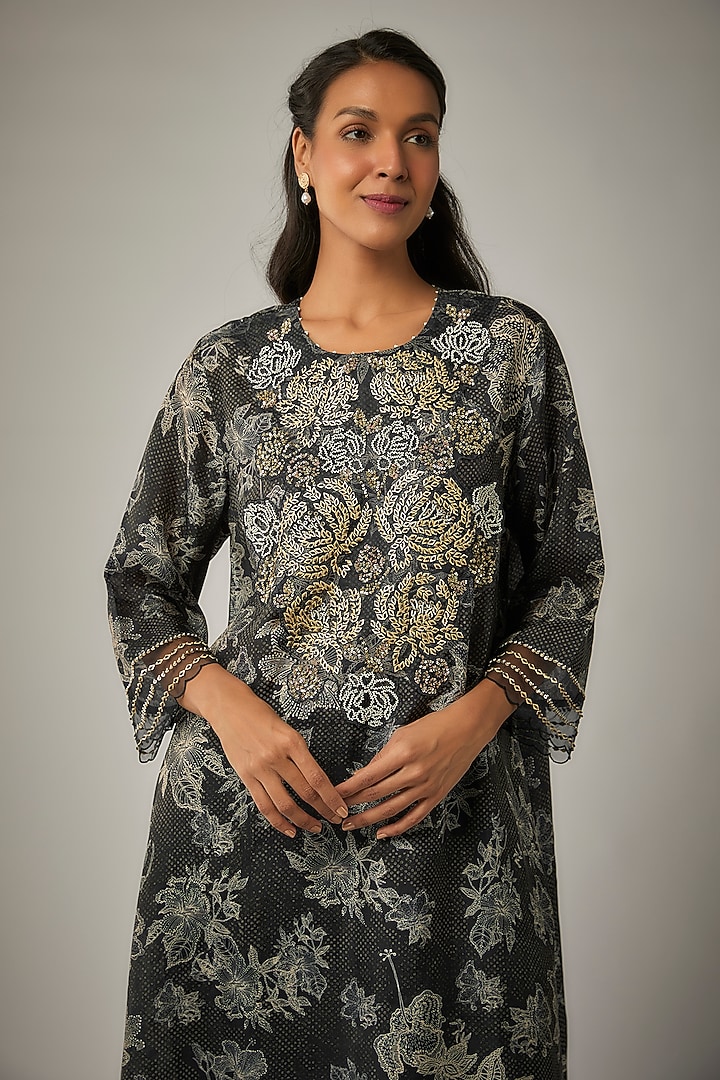 Black Viscose Silk Printed & Sequin Embroidered Kurta Set by One not two at Pernia's Pop Up Shop