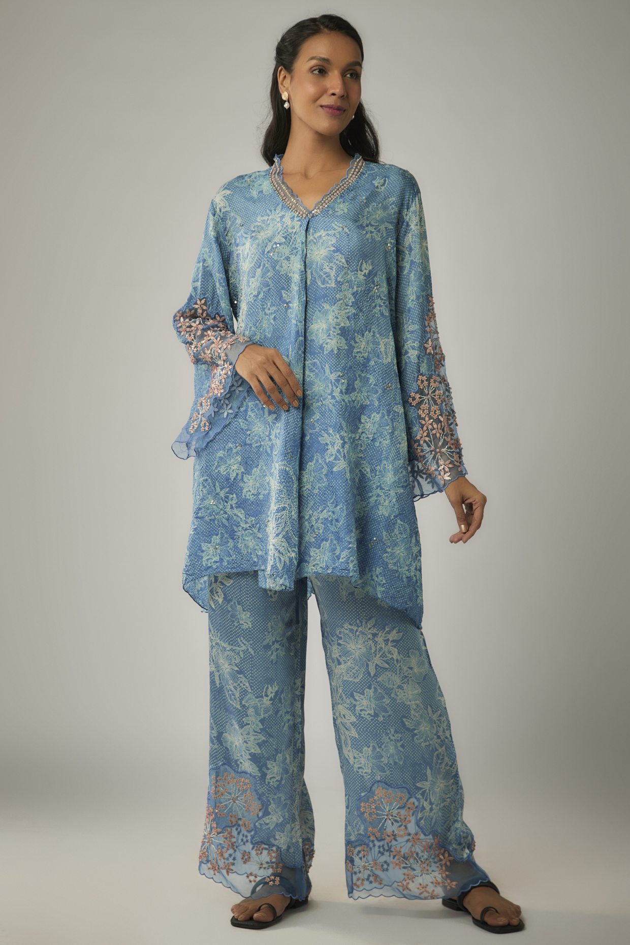 Blue Crushed Silk Printed & Sequin Embroidered Kurta Set by One not two at Pernia's Pop Up Shop