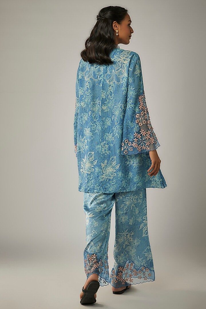 Blue Crushed Silk Printed & Sequin Embroidered Kurta Set by One not two at Pernia's Pop Up Shop