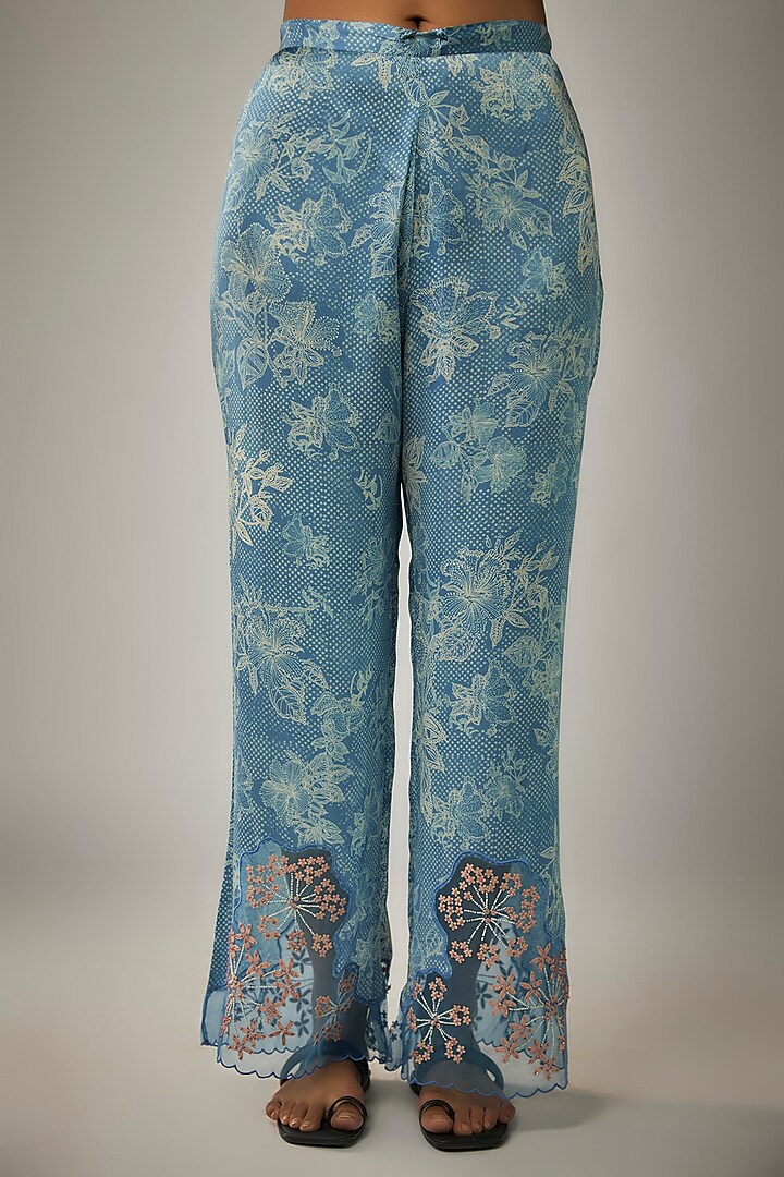 Blue Crushed Silk Printed & Sequin Embroidered Kurta Set by One not two at Pernia's Pop Up Shop