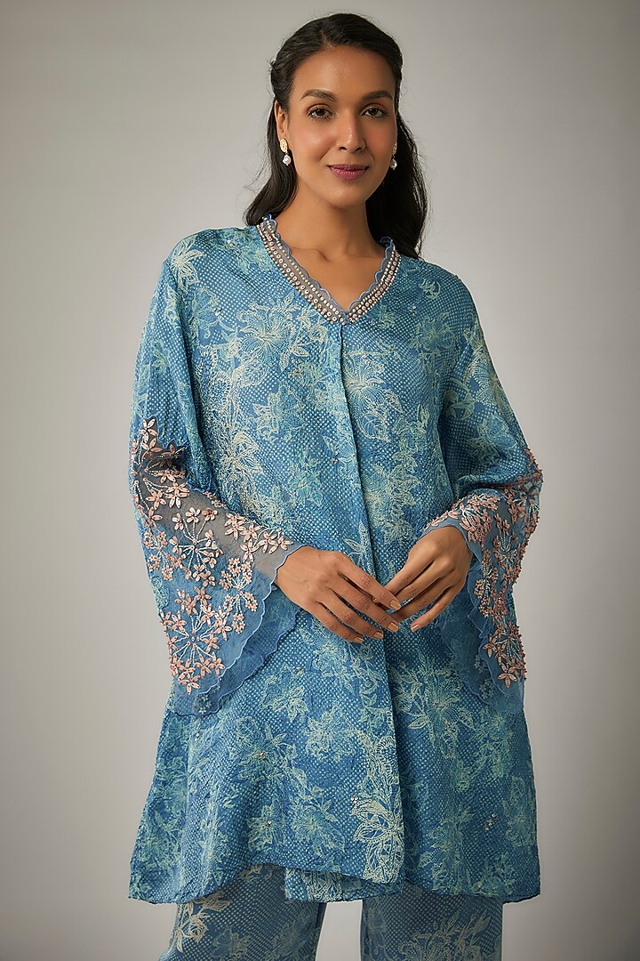 Blue Crushed Silk Printed & Sequin Embroidered Kurta Set by One not two at Pernia's Pop Up Shop