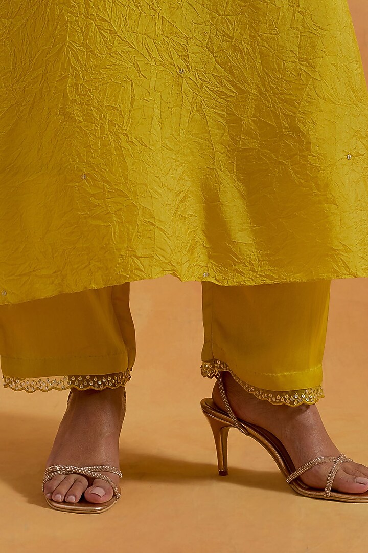 Mango Yellow Crushed Silk Sequins Embroidered Kurta Set by One not two at Pernia's Pop Up Shop