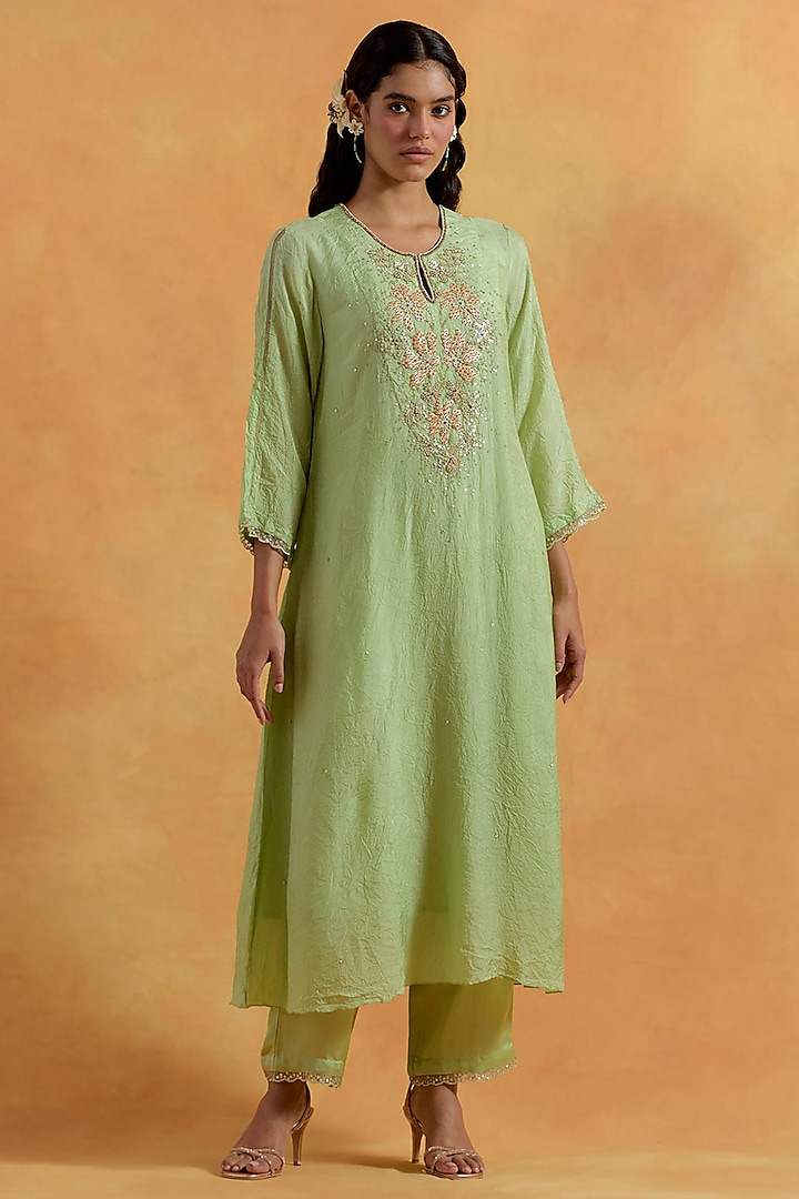 Mist Green Crushed Silk Sequins Embroidered Kurta Set by One not two at Pernia's Pop Up Shop