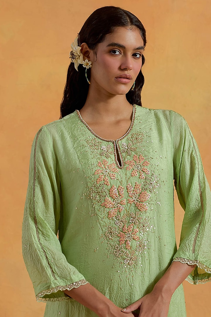 Mist Green Crushed Silk Sequins Embroidered Kurta Set by One not two at Pernia's Pop Up Shop