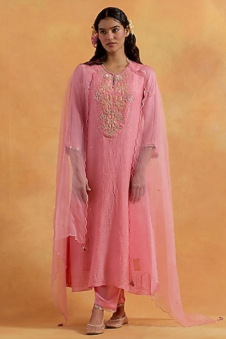 Peach Organza Sequins Embroidered Scalloped Dupatta by One not two