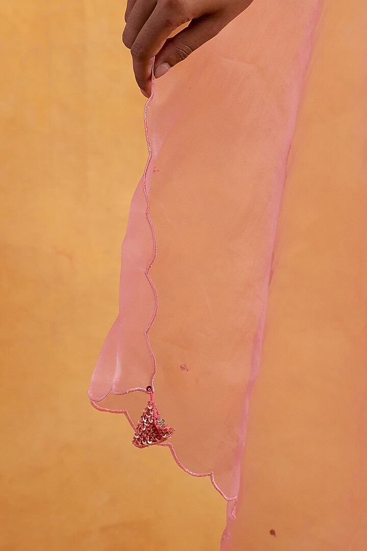 Peach Organza Sequins Embroidered Scalloped Dupatta by One not two at Pernia's Pop Up Shop