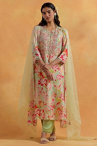 Mist Green Organza Sequins Embroidered Scalloped Dupatta by One not two