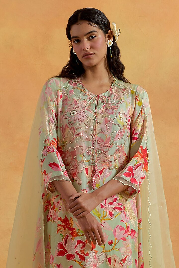 Mist Green Organza Sequins Embroidered Scalloped Dupatta by One not two at Pernia's Pop Up Shop