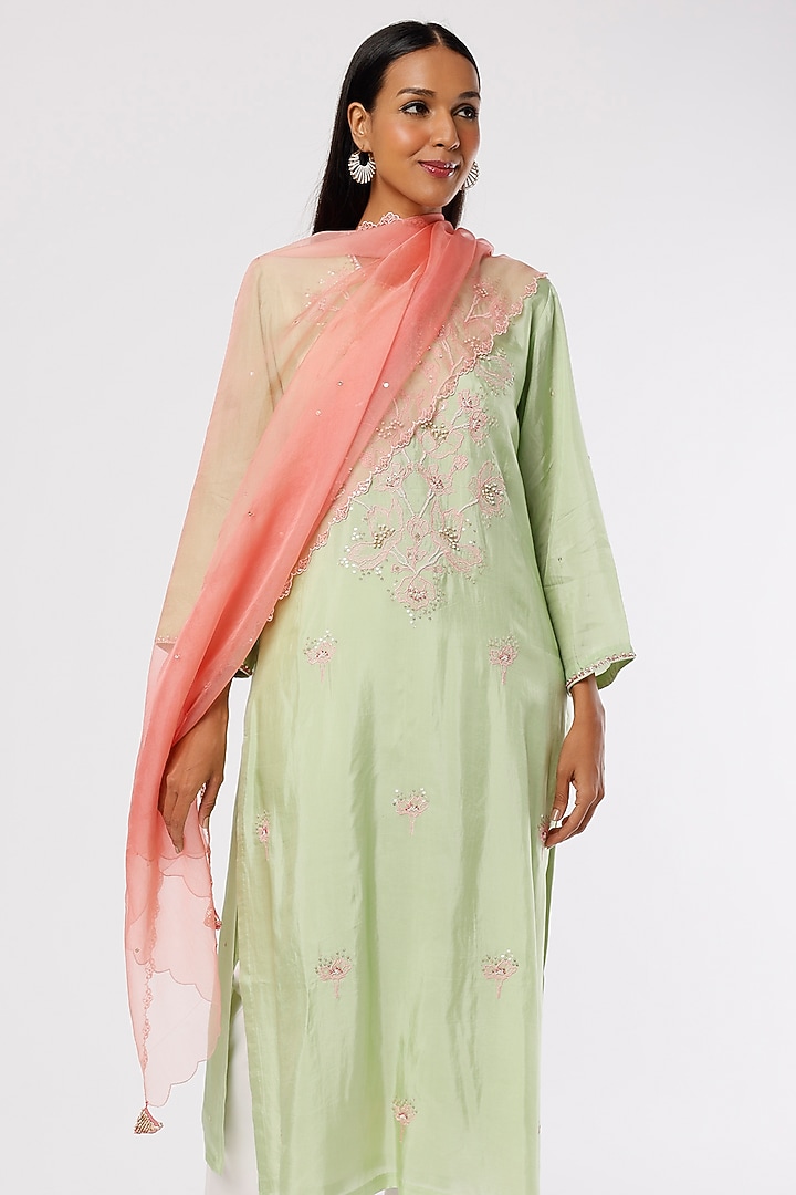 Peach Embroidered Dupatta by One not two at Pernia's Pop Up Shop