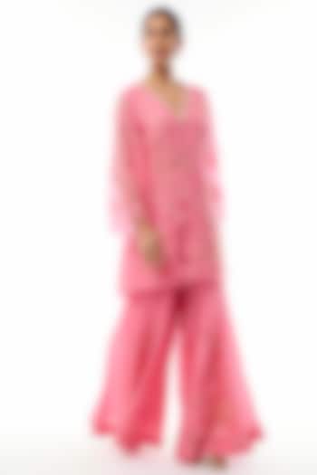 Orchid Pink Silk Floral Applique Embroidered Wedding Sharara Set by One not two at Pernia's Pop Up Shop