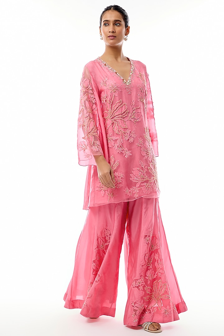 Orchid Pink Silk Floral Applique Embroidered Wedding Sharara Set by One not two at Pernia's Pop Up Shop