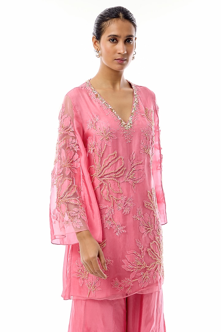 Orchid Pink Silk Floral Applique Embroidered Wedding Sharara Set by One not two at Pernia's Pop Up Shop