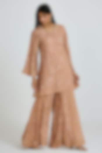 Gold Viscose Organza Floral Thread Embroidered Wedding Sharara Set by One not two at Pernia's Pop Up Shop