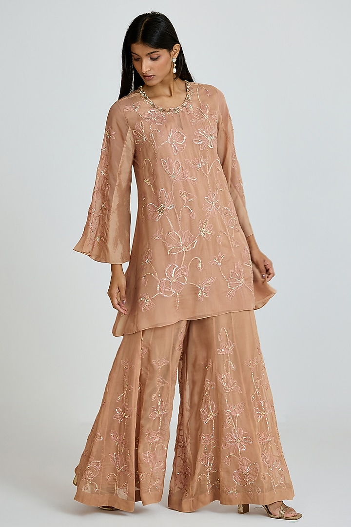 Gold Viscose Organza Floral Thread Embroidered Wedding Sharara Set by One not two at Pernia's Pop Up Shop