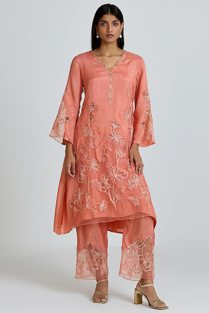 Sorbet-Colored Silk Thread Hand Embroidered Kurta Set by One not two at Pernia's Pop Up Shop