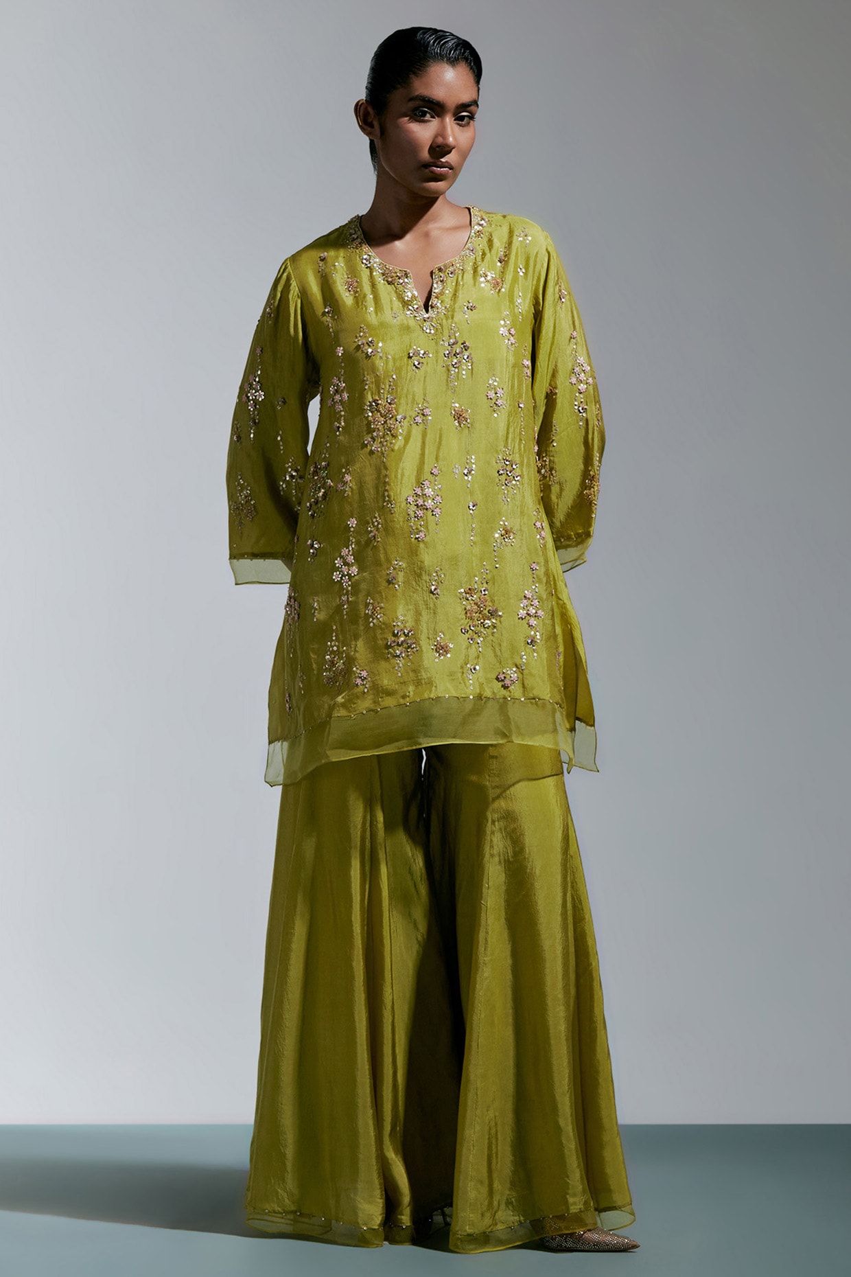 One not two Heena Green Silk Sharara Set