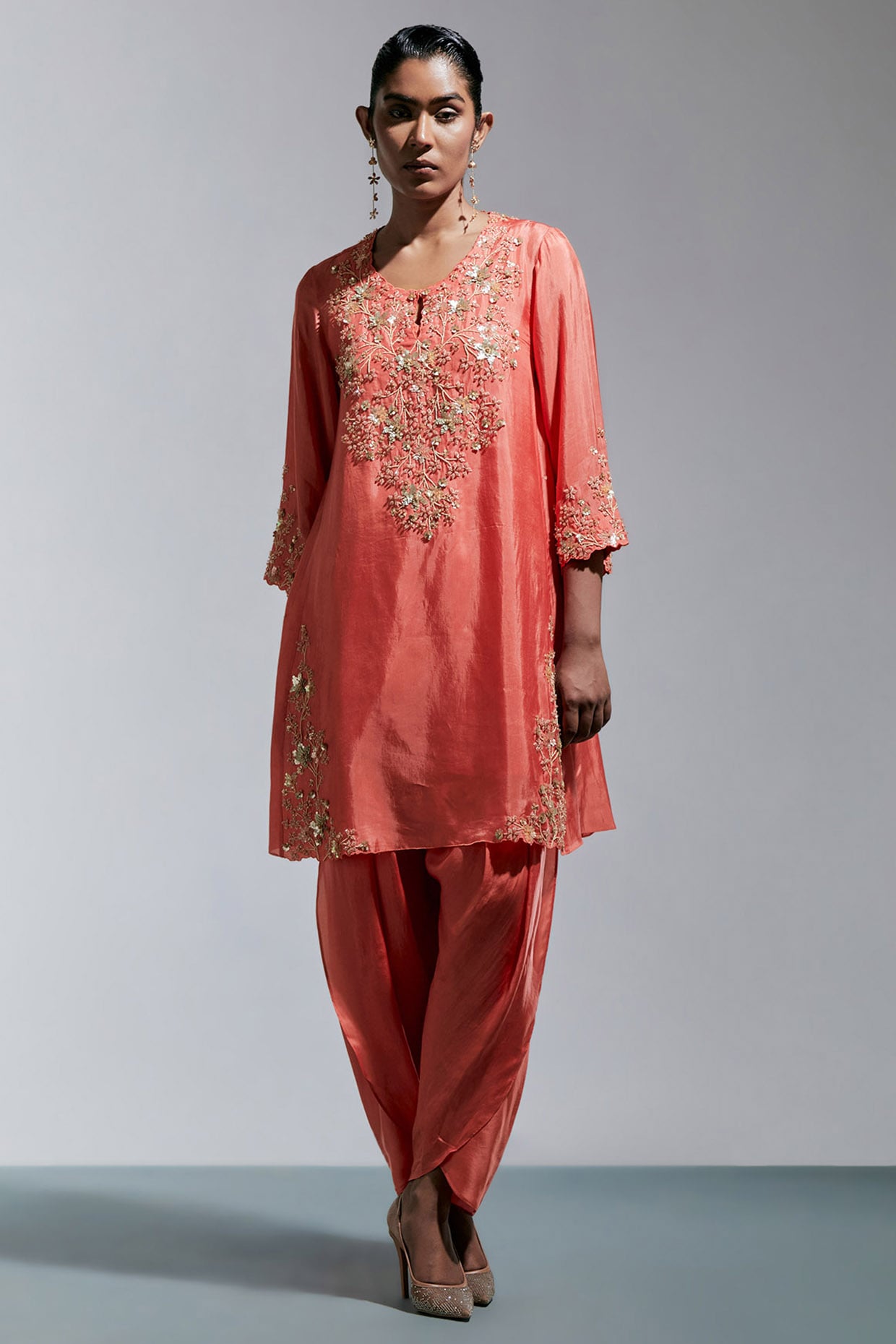 One not two Vermillion Silk Floral Hand Embroidered Kurta Set