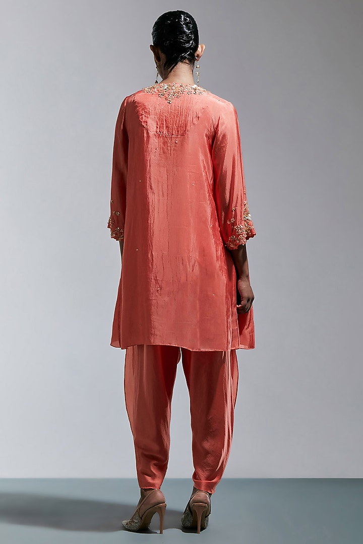 Vermillion Silk Floral Hand Embroidered Kurta Set by One not two at Pernia's Pop Up Shop