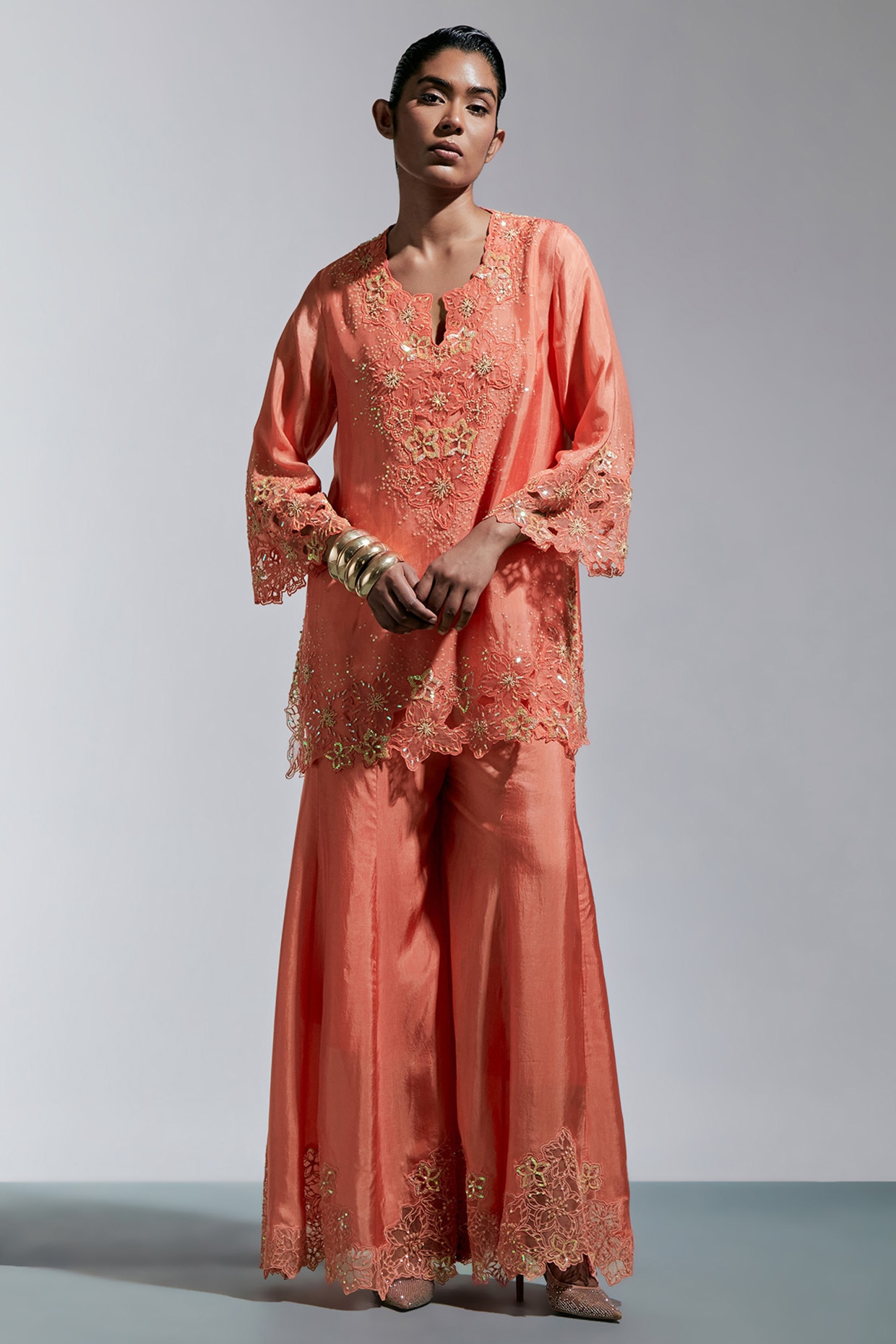 One not two Vermillion Silk Floral Hand Embroidered Sharara Set
