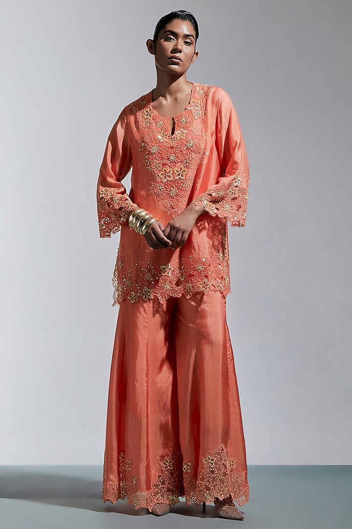 Vermillion Silk Floral Hand Embroidered Wedding Sharara Set by One not two at Pernia's Pop Up Shop