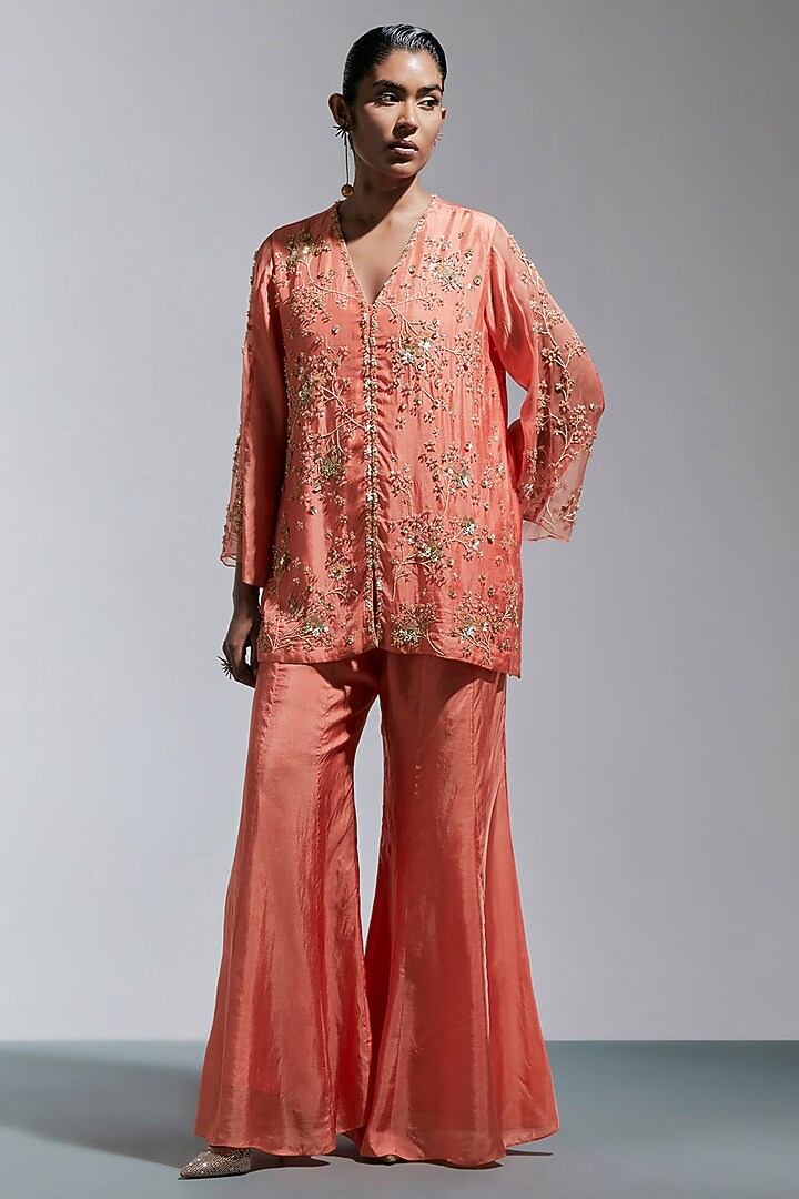 Vermillion Silk Floral Hand Embroidered Wedding Sharara Set by One not two at Pernia's Pop Up Shop