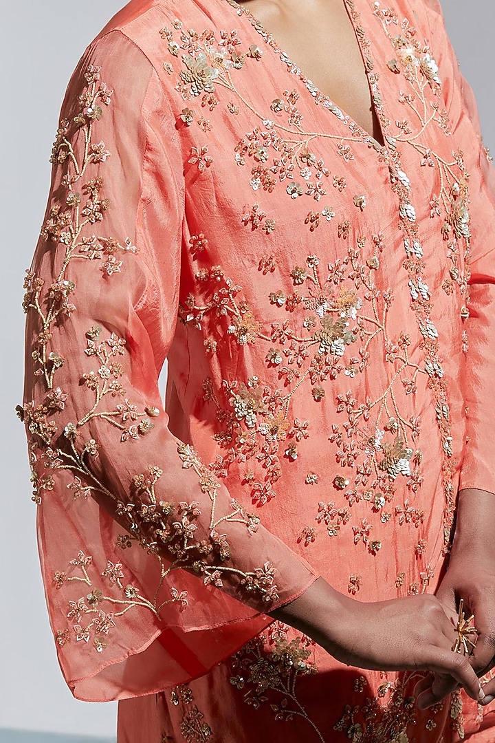 Vermillion Silk Floral Hand Embroidered Wedding Sharara Set by One not two at Pernia's Pop Up Shop