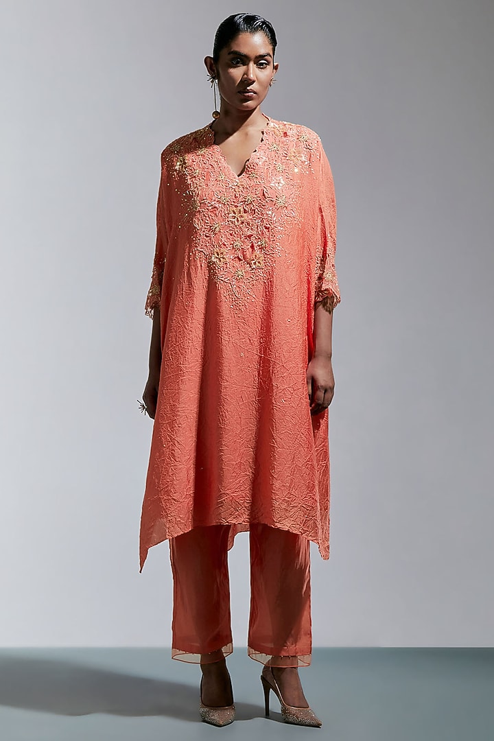 Vermillion Silk Floral Hand Embroidered Kurta Set by One not two at Pernia's Pop Up Shop