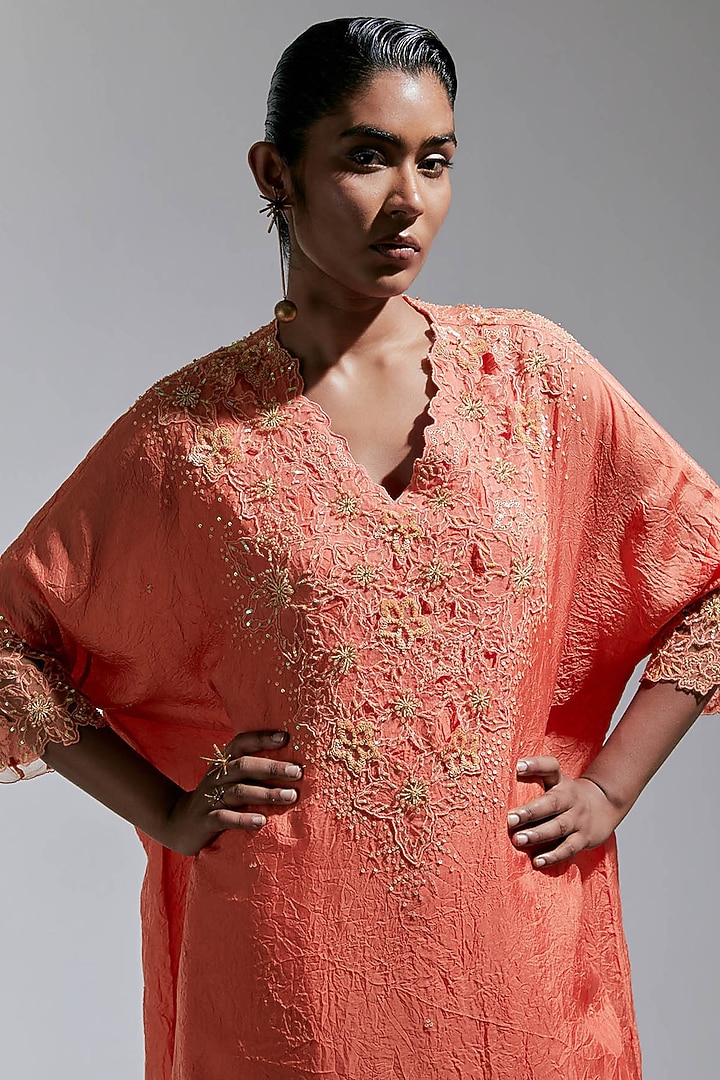Vermillion Silk Floral Hand Embroidered Kurta Set by One not two at Pernia's Pop Up Shop