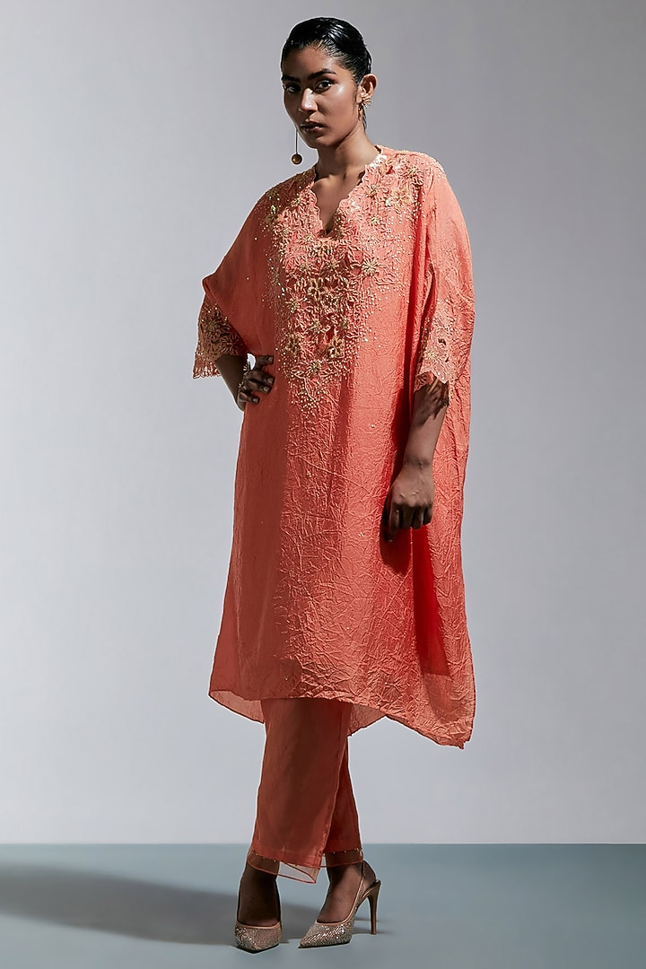 Vermillion Silk Floral Hand Embroidered Kurta Set by One not two at Pernia's Pop Up Shop