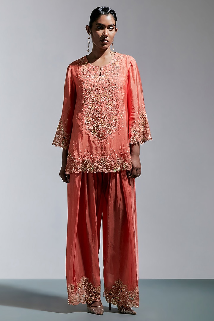 Vermillion Silk Floral Hand Embroidered Kurta Set by One not two at Pernia's Pop Up Shop