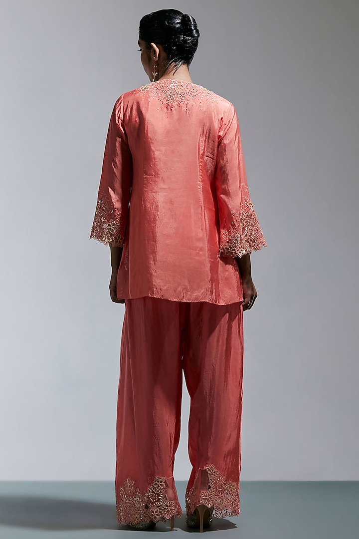 Vermillion Silk Floral Hand Embroidered Kurta Set by One not two at Pernia's Pop Up Shop