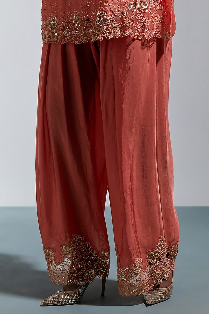 Vermillion Silk Floral Hand Embroidered Kurta Set by One not two at Pernia's Pop Up Shop