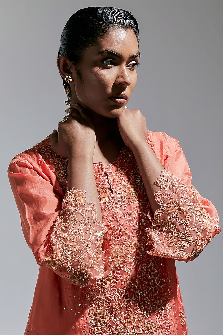 Vermillion Silk Floral Hand Embroidered Kurta Set by One not two at Pernia's Pop Up Shop
