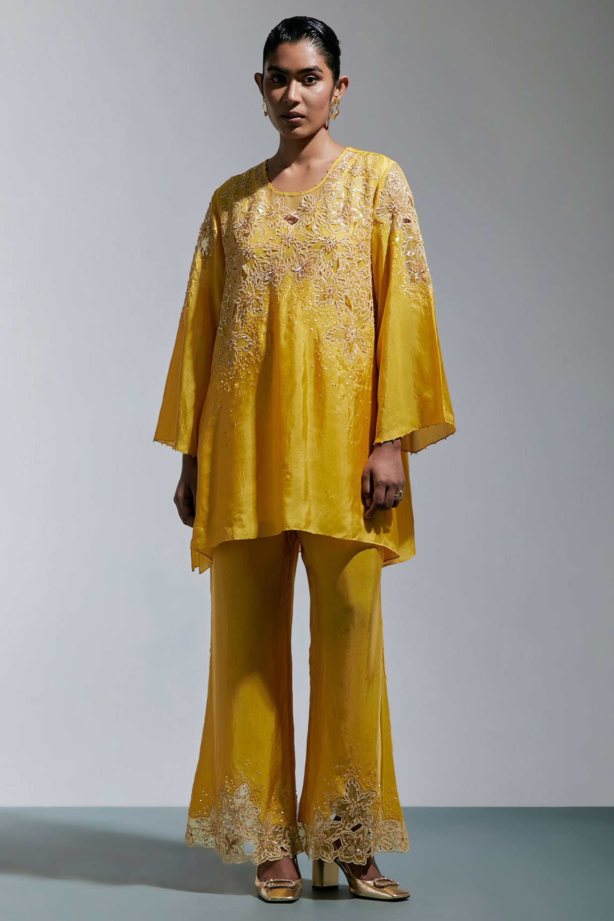 One not two Amber Silk Floral Embroidered Kurta Set