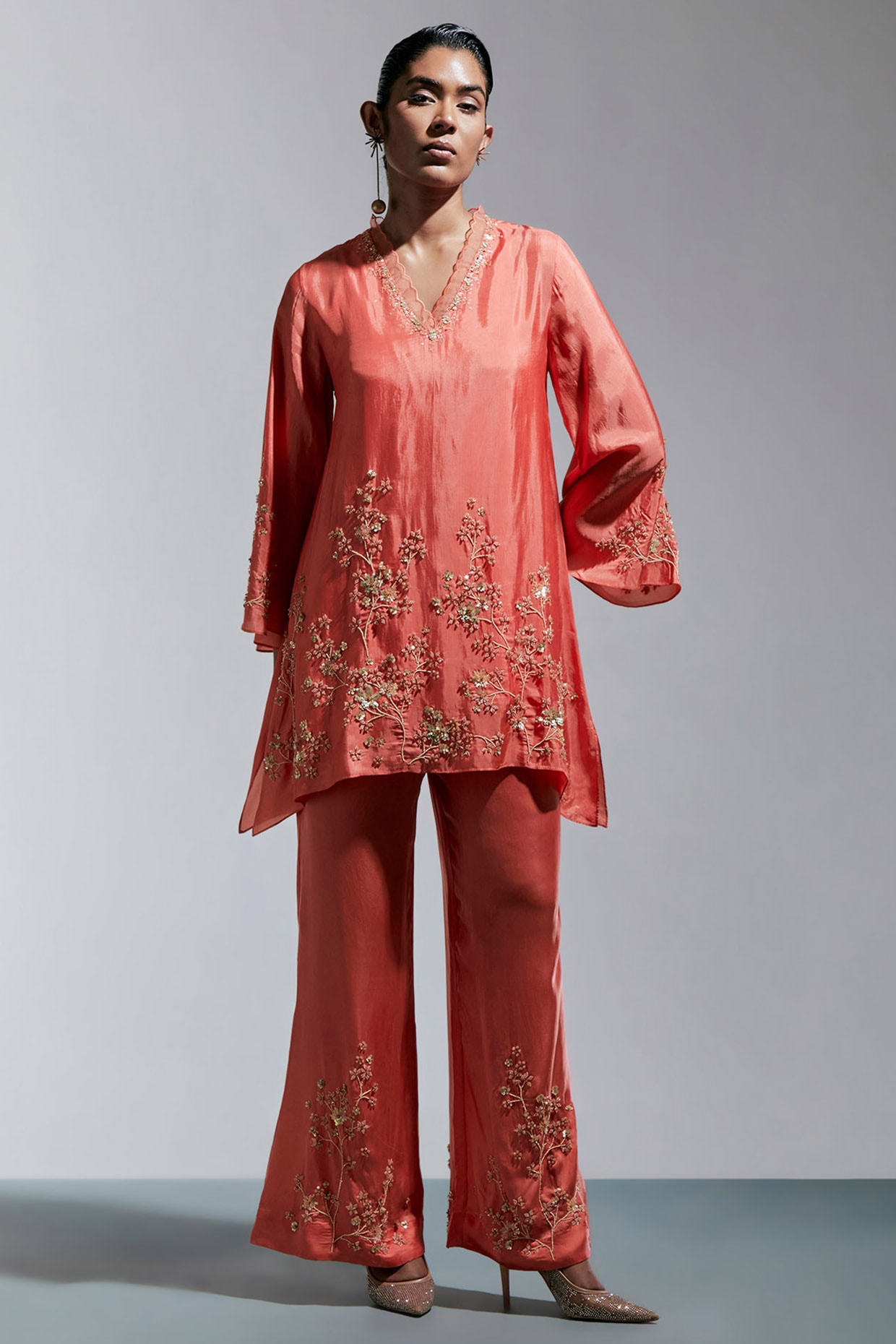 One not two Vermillion Silk Floral Hand Embroidered Kurta Set