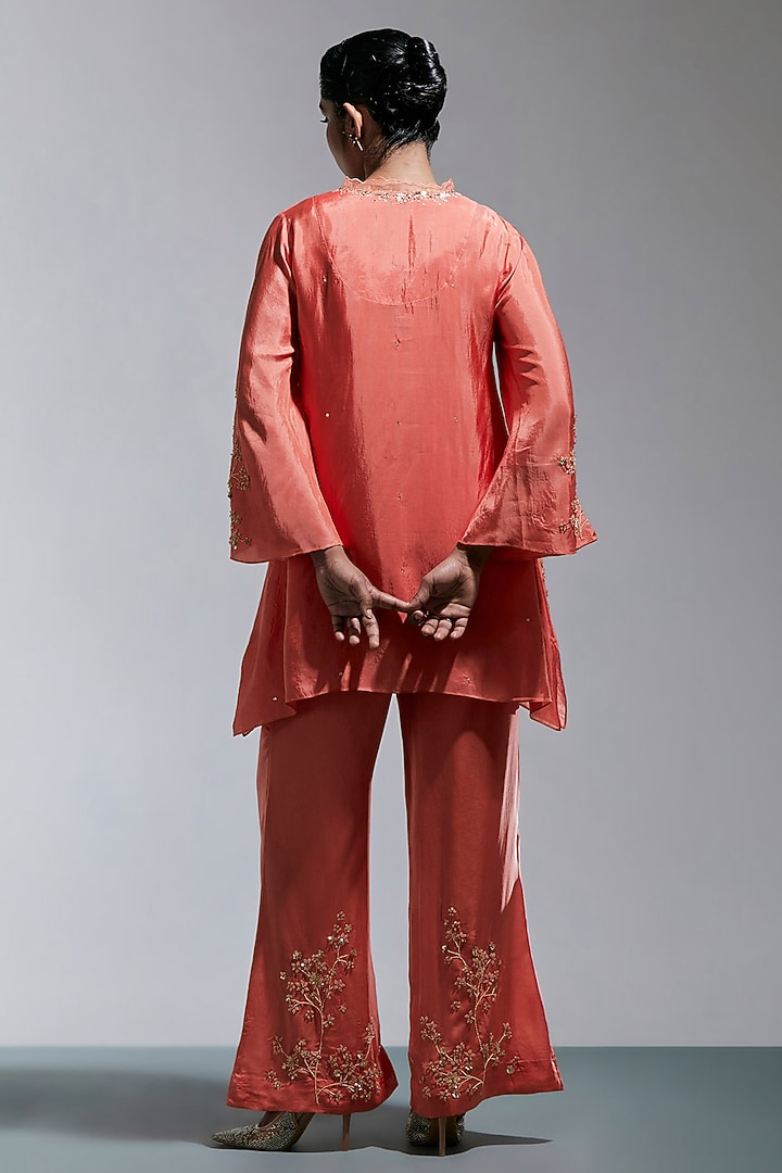 Vermillion Silk Floral Hand Embroidered Kurta Set by One not two at Pernia's Pop Up Shop