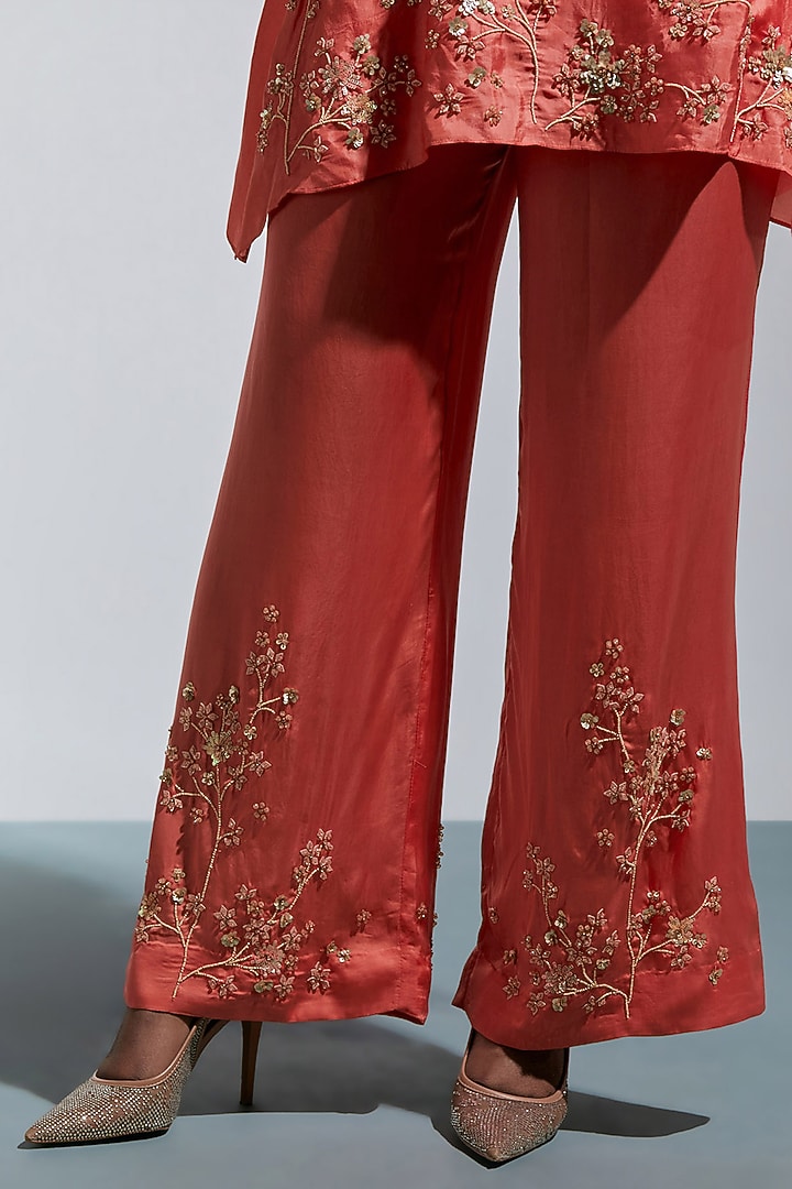 Vermillion Silk Floral Hand Embroidered Kurta Set by One not two at Pernia's Pop Up Shop