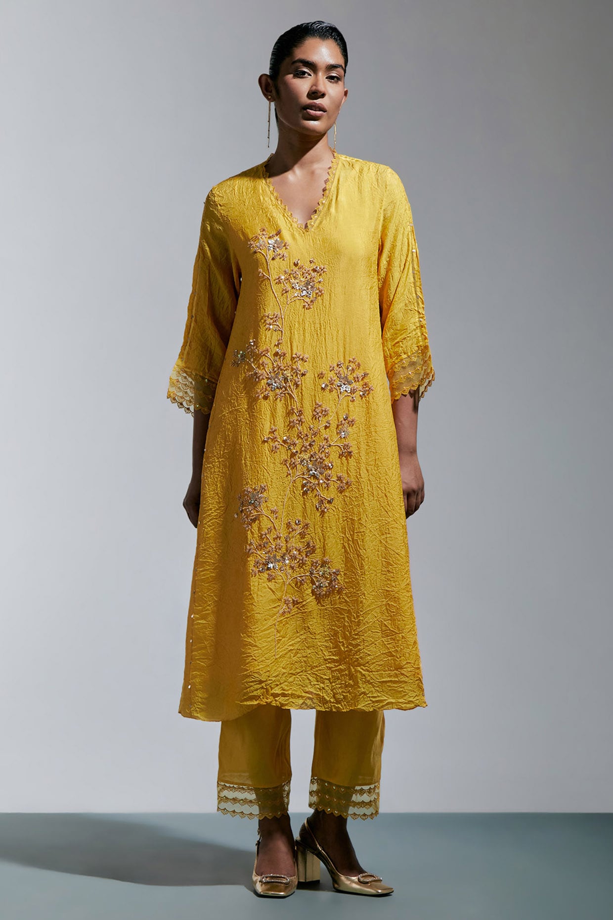One not two Amber Silk Floral Hand Embroidered Crushed Kurta Set